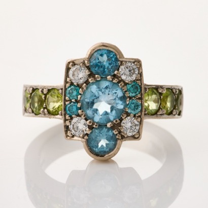 18ct White Gold, Modern, 1.34ct Topaz / 1.92ct Peridot / .13ct Blue Diamond / .25ct Diamond Ring by James McCarthy
