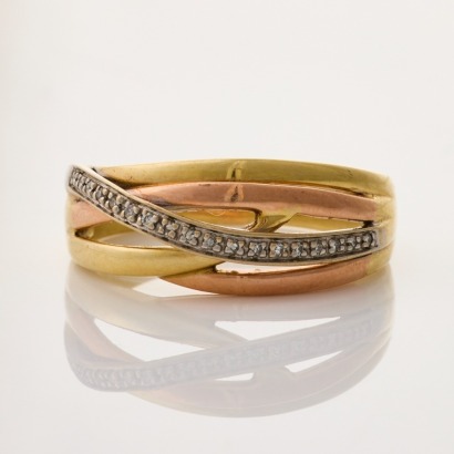 10ct Tri-Colour / Gold Colour, .10ct Diamond, Modern, Cross Over Ring
