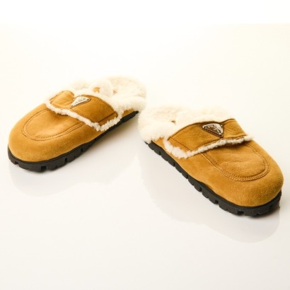 Prada, Calzature Donna Shearling Cognac Slippers, Size 38