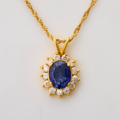 18ct Yellow Gold, Modern, 2.60ct Sapphire / .58ct Diamond Pendant