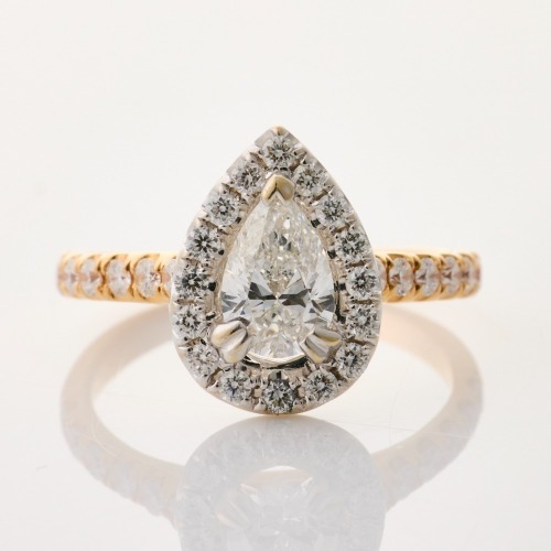 18ct Yellow / Rose / White Gold, Modern, .73ct Pear Shape Diamond / .50ct Diamond Halo Ring, GIA certified