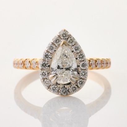18ct Yellow / Rose / White Gold, Modern, .73ct Pear Shape Diamond / .50ct Diamond Halo Ring, GIA certified