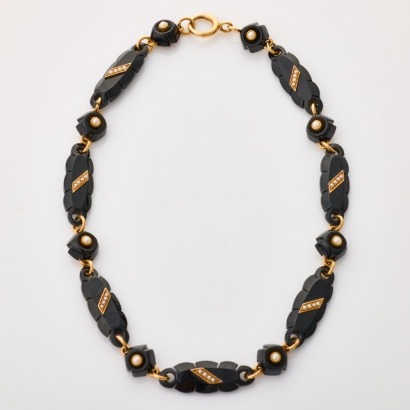 15ct Yellow / Rose Gold, Victorian, 38cm Onyx / Seed Pearl Necklace