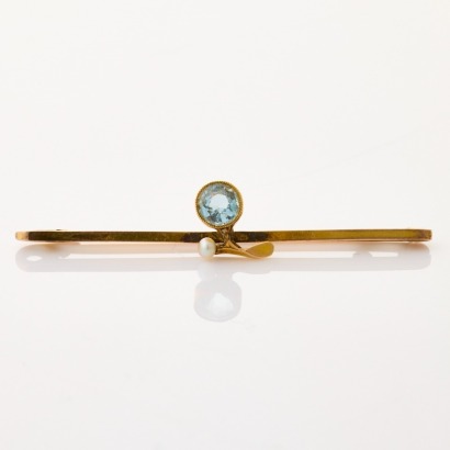 9ct - 15ct Yellow Gold, Vintage, Aquamarine / Seed Pearl Bar Brooch