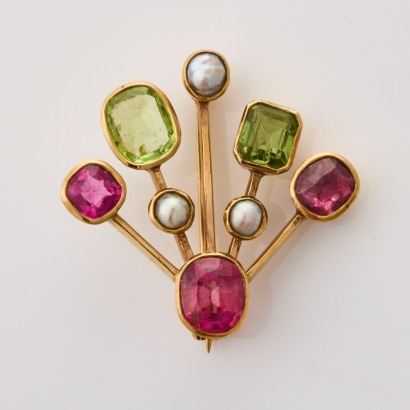 9ct Yellow Gold, Modern, Peridot / Pink Tourmaline / Pearl Brooch