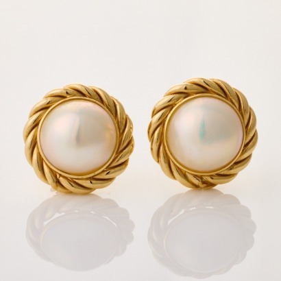 14ct Yellow Gold, Large Mabe Pearl Earrings with Omega Style Fittings, circa 1980's