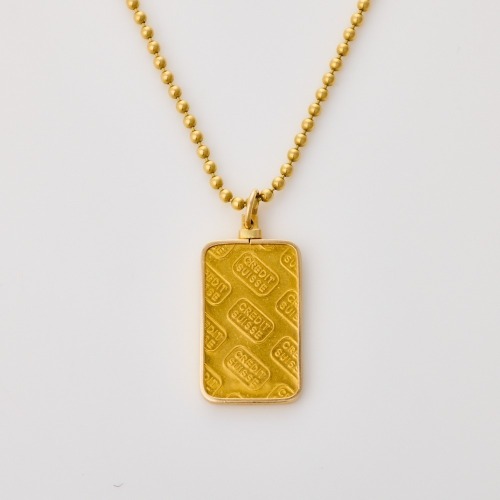 24ct Yellow Gold, Ingot Pendant on 44cm, 18ct Yellow Gold Ball Necklace