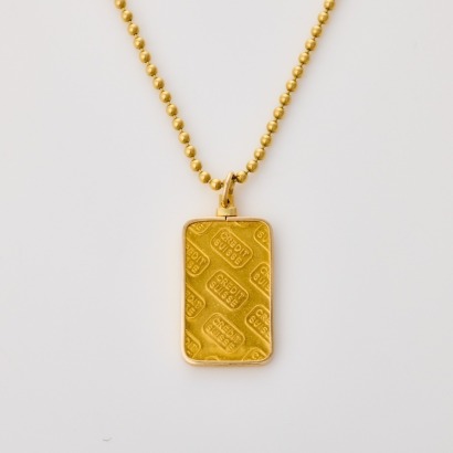 24ct Yellow Gold, Ingot Pendant on 44cm, 18ct Yellow Gold Ball Necklace
