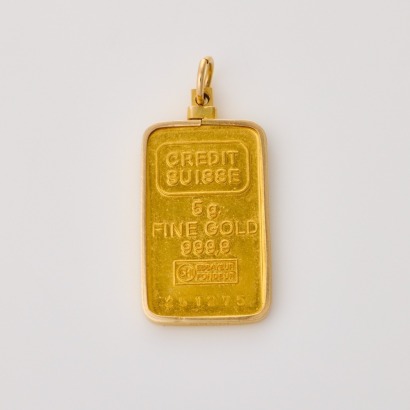 24ct Yellow Gold, 'Credit Suisse' 5g Ingot in a 14ct Yellow Gold Pendant Border