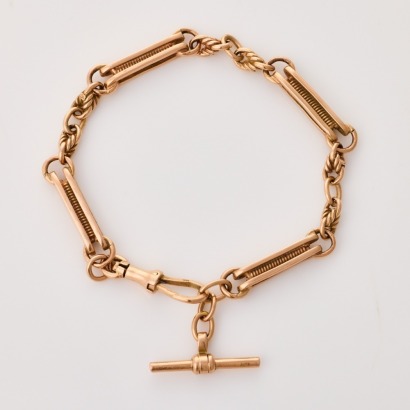 9ct Rose Gold, Vintage, 21cm Fancy Link Figaro Fob Bracelet with 'T' bar / Albert Clasp
