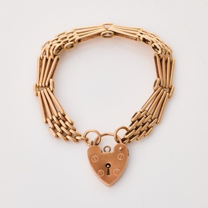 9ct Rose Gold, Vintage, 19cm Four Bar Gate Bracelet, with Heart Shaped Locket-Type Clasp