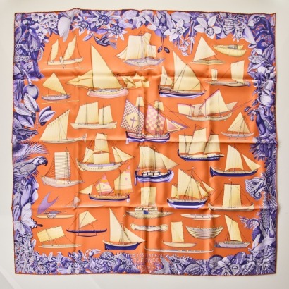 Herm&egrave;s, 100% Silk Tous les Bateaux du Monde Scarf with Box - Near new