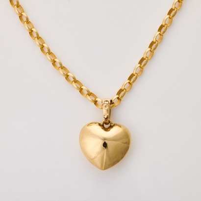 9ct Yellow Gold, 49cm Belcher Link Necklace with Hollow Puff Heart Enhancer Pendant