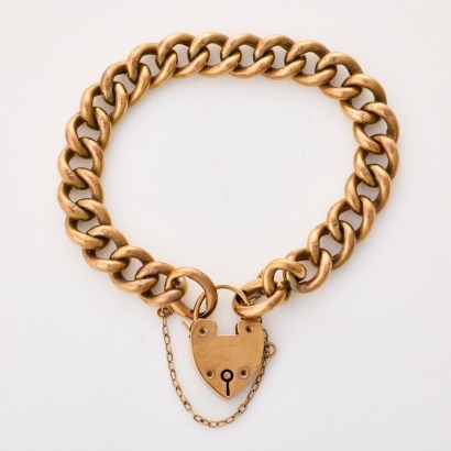 9ct Rose Gold, 17cm Hollow Curb Link Bracelet with Hollow Puff Heart Clasp