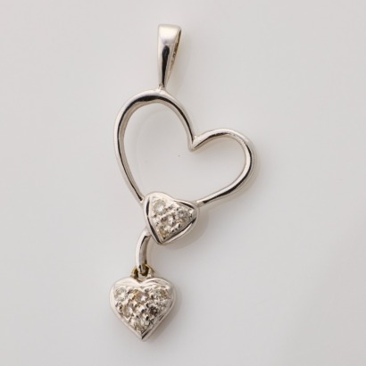 18ct White Gold, Small Hearts Pendant, Set with Nine Small Diamonds