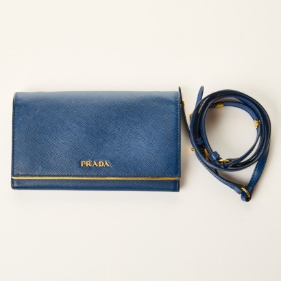 Prada, Blue Saffiano Leather Continental Flap Wallet on Strap
