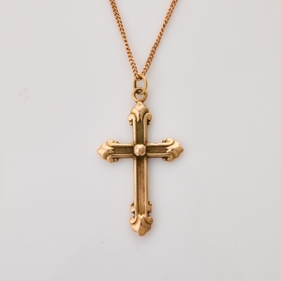 10ct Rose Gold, Vintage, Hollow Cross Pendant with 9ct Rose Gold, 44cm Curb Link Chain