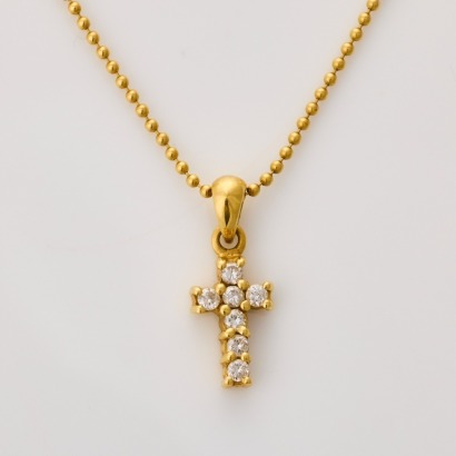 18ct Yellow Gold, .17ct Diamond Cross, with 45cm, 18ct Yellow Gold Beaded Chain