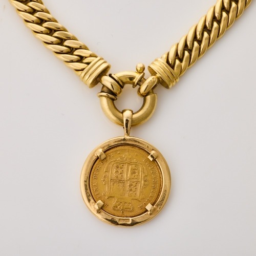 9ct Yellow Gold, 44cm Hollow Curb Link Necklace, 9ct Yellow Gold Pendant with 1872 Victoria Gold Shield, Half Sovereign Coin