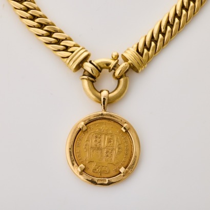 9ct Yellow Gold, 44cm Hollow Curb Link Necklace, 9ct Yellow Gold Pendant with 1872 Victoria Gold Shield, Half Sovereign Coin