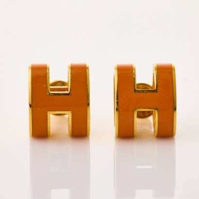 Herm&egrave;s, Gold Plated, Mini Pop Orange H Earrings with Box