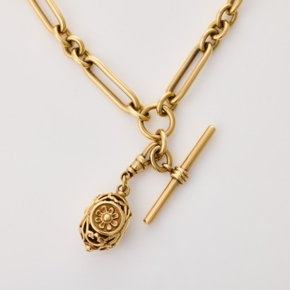 9ct Yellow Gold, 50cm, 3:1 Figaro Fob Chain with T- Bar Fitting / Filigree Ball Pendant