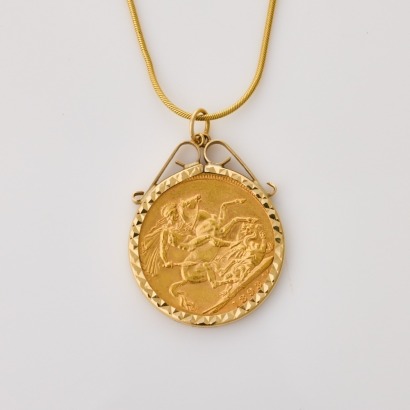1893 Victoria Sovereign Coin / 9ct Yellow Gold Pendant on 18ct Yellow Gold, 44cm Snake Chain