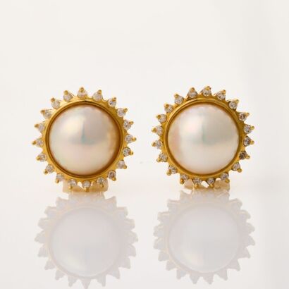 18ct Yellow Gold, 1.2mm Mabe Pearl / .60ct Diamond Earrings on Hinged Backs