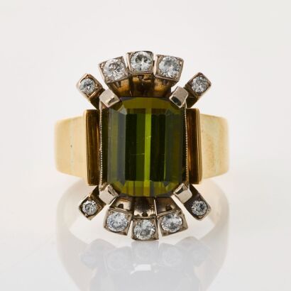 18ct Yellow Gold, Vintage, 3.60ct Tourmaline / Diamond Dress Ring