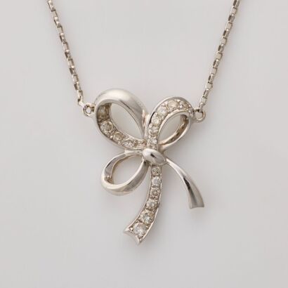 18ct White Gold, Modern, 0.12ct Diamond Set Bow Necklace