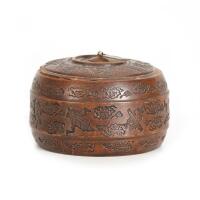 A Chinese Red Clay Lidded Cricket Box decorated with cloud pattern (small chips on the lid)