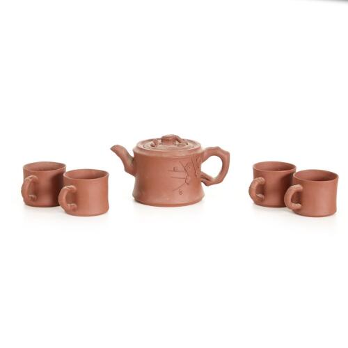 A Chinese Red Clay 'Prunus' Teaset