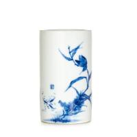 A Chinese Blue and White 'Flower and Bird' Brush Pot (Wangbu Mark)