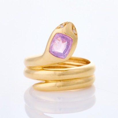 18ct Yellow Gold, Modern, 1.02ct Sapphire /.02 Diamond Snake Ring - Near new