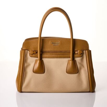 Prada, Beige Caramel Corda Canvas Leather Lux Tote