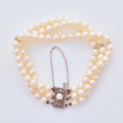 Mikimoto, Vintage, Triple Strand 5.0mm White Pearl Bracelet with Sterling Silver Box Clasp
