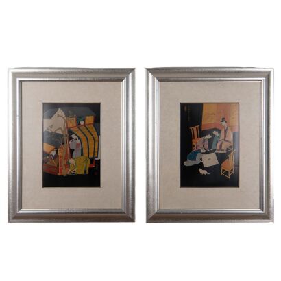 A Pair of Chinese Lacquer Figural and Narrative Scene Paintings on Wood Panels, c. 20th-Century
