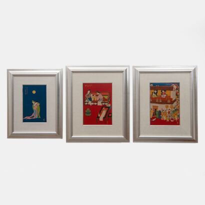 A Set of Three Chinese Lacquer Figural and Narrative Scene Paintings on Wood Panels, c. 20th-Century