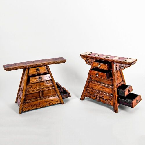 A Set of Two Chinese Old Elmwood Shoe Polishing Small Cabinets