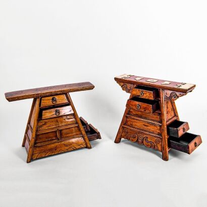 A Set of Two Chinese Old Elmwood Shoe Polishing Small Cabinets
