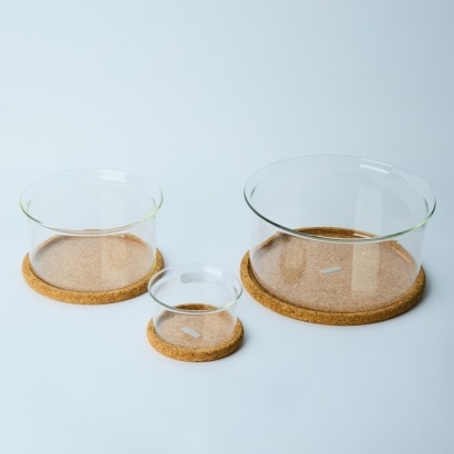A Set of Three Bodum Graduated Glass Bowls with Cork Bases