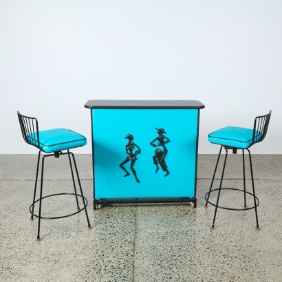 A Retro Bar and Swivel Bar Stools