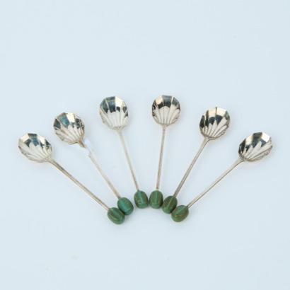A Set of Six Vintage Green Jewel Coffee Bean Spoons