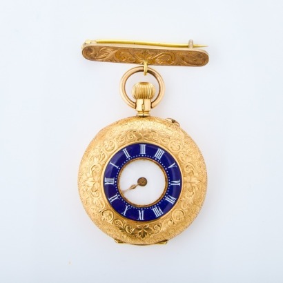 18ct Yellow Gold, 34mm Half Hunter Manual Wind Pocket watch with 9ct Yellow Gold Brooch Attachment