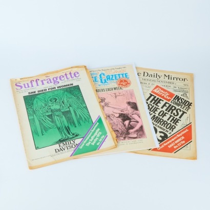 A Trio of Historic English Newspapers Including the Suffragette, the Police Gazette and the Daily Mirror