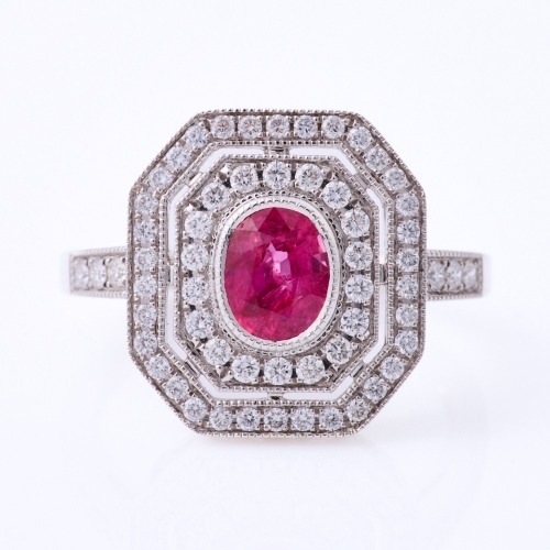 18ct White Gold, Modern 1.06ct Ruby / .49ct Diamond Halo Ring - Near new