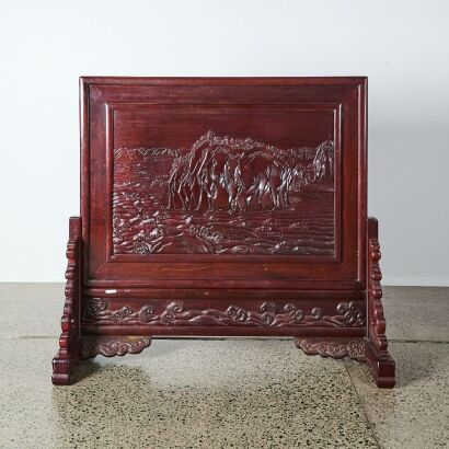 A Chinese 20th-Century Hardwood 'Landscape' Floor Screen