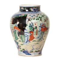 A Chinese Blue and White Famille Verte 'Figural' Temple Jar