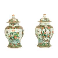 A Pair of Chinese Famille Verte Temple Jars