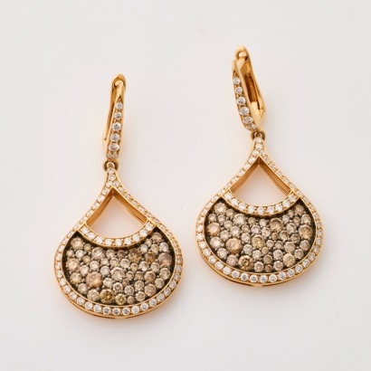 18ct Rose Gold, Partridge Jewellers, Modern, 1.06ct Diamond / 2.20ct Champagne Diamond Pave Set Drop Earrings
